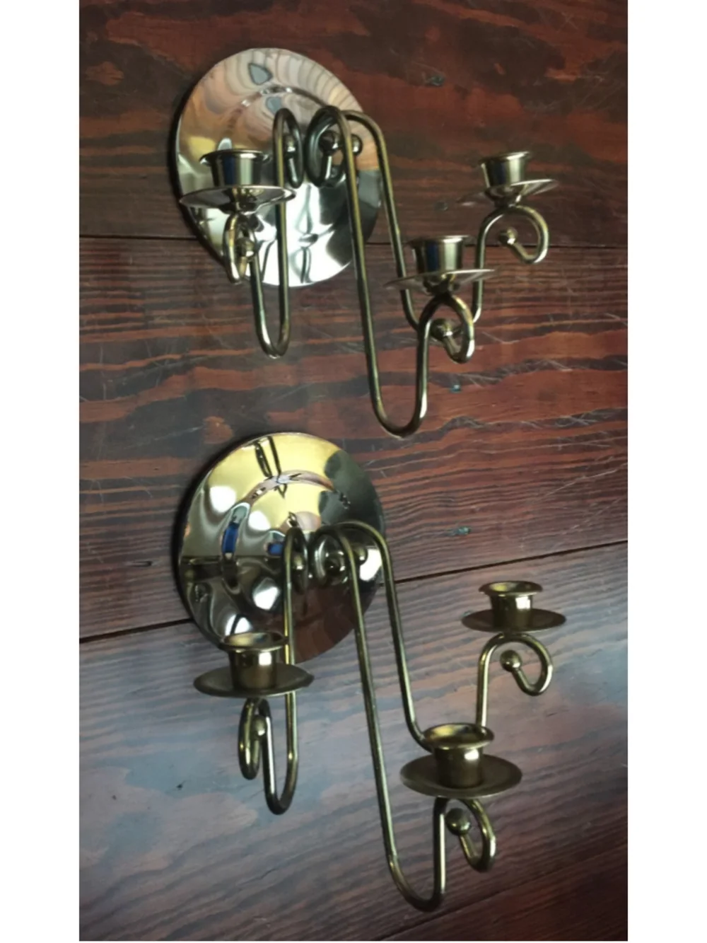 Vtg Pair Brass plate Wall Sconce Candle Holders W/Etched Glass Globes